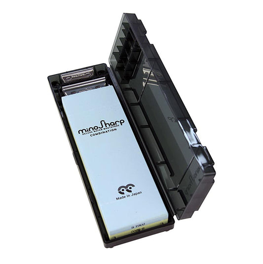Kombistein Mino Sharp Schleifstein 1000/8000 mit Plastikhalter, 210x22x70 mm, für Gebrauchsschärfe-Schliff und Polieren von Messerklingen, mit Schleifhilfe und Anleitung