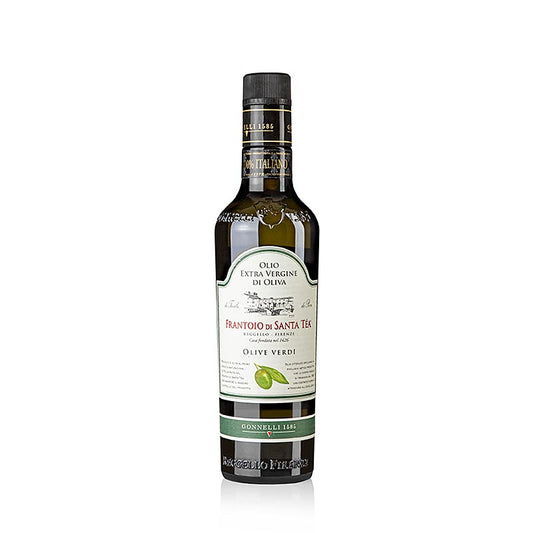 Natives Olivenöl Extra, Santa Tea Gonnelli Fruttato Intenso, grüne Oliven, 500 ml - Beschreibung des smaragdgrünen Öls aus handgeernteten grünen Oliven in der Nähe von Florenz, mit intensivem Duft nach frischen grünen Oliven und harmonisch ausbalanciertem Geschmack