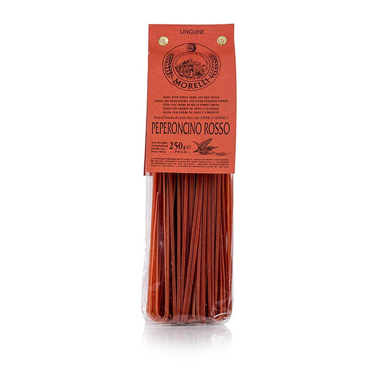 Handgerollte Linguine von Morelli 1860 mit rotem Chili & Weizenkeimen, original italienisch und handwerklich erstellt, ohne Konservierungs- und Farbstoffe, 250 g