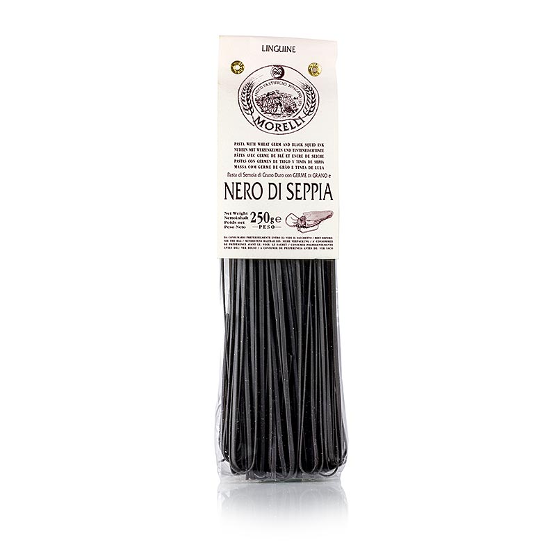 Linguine von Morelli 1860 mit Sepia-Tintenfischfarbe und Weizenkeimen, handwerklich hergestellt in San Romano (Pisa), Italien, ohne Konservierungs- und Farbstoffe, 250 g
