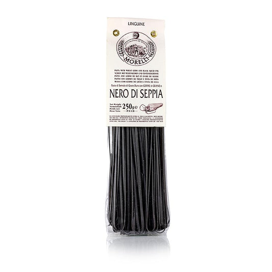 Linguine von Morelli 1860 mit Sepia-Tintenfischfarbe und Weizenkeimen, handwerklich hergestellt in San Romano (Pisa), Italien, ohne Konservierungs- und Farbstoffe, 250 g