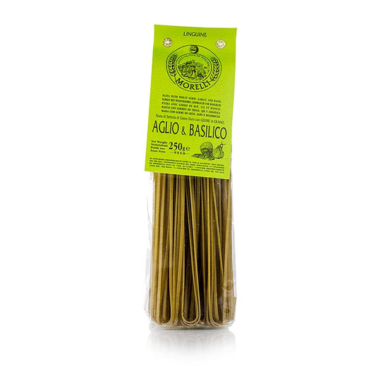 Pasta Morelli 1860 Linguine mit Knoblauch, Basilikum & Weizenkeimen, 250 g, handwerklich hergestellt in San Romano (Pisa), ohne Konservierungs- und Farbstoffe, mit Weizenkeimen