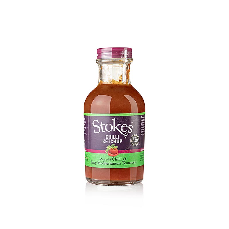 Stokes Chili Ketchup, fruchtig & scharf, 249 ml - Produktbild zeigt die fruchtige und scharfe Chili Ketchup-Flasche von Stokes mit natürlichen Zutaten und preisgekröntem Geschmack bei den Great Taste Awards
