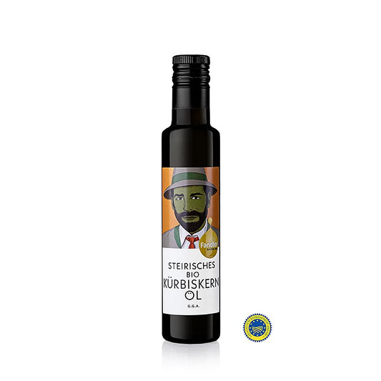 Bio Kürbiskernöl von Fandler, 250 ml - aus schalenlosen, dunkelgrünen Kürbiskernen, kaltgepresst und mit nussigem, kraftvollem und samtigem Geschmack Vielseitig einsetzbar und ideal für kulinarische Experimente