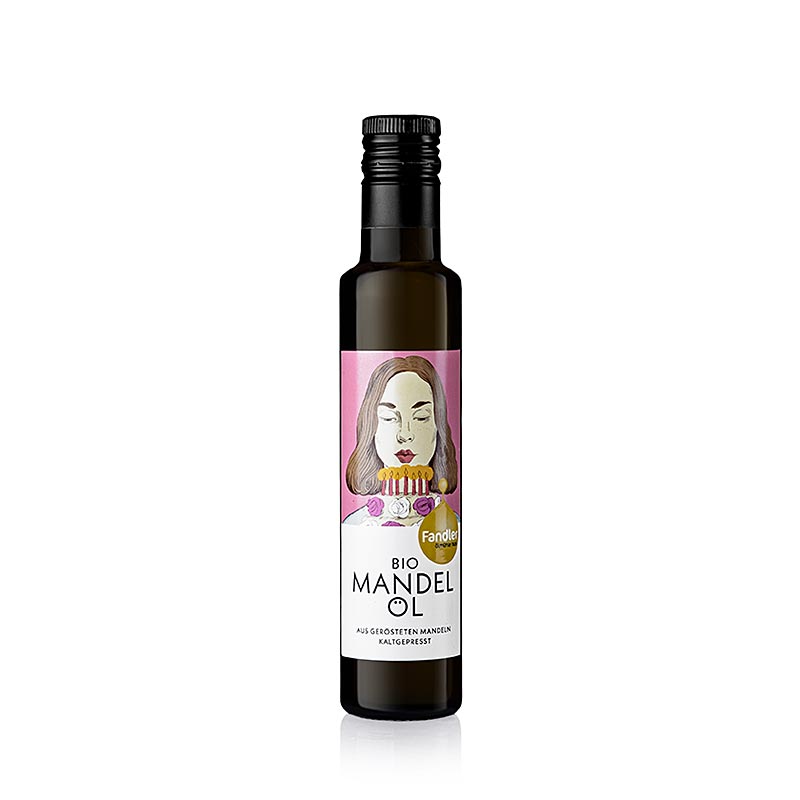 250 ml Flasche kaltgepresstes BIO-Mandelöl aus gerösteten Mandeln von Fandler, mit zartem Marzipangeschmack und süßem Duft, ideal für Feinschmecker und Marzipanfans