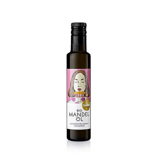 250 ml Flasche kaltgepresstes BIO-Mandelöl aus gerösteten Mandeln von Fandler, mit zartem Marzipangeschmack und süßem Duft, ideal für Feinschmecker und Marzipanfans