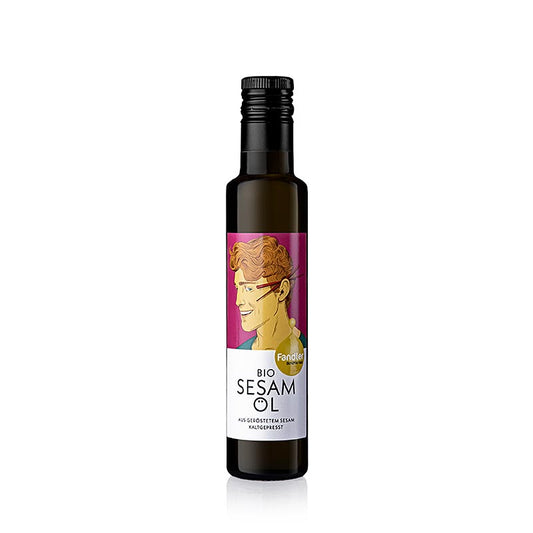 Sesamöl, kaltgepresst, Fandler, BIO, 250 ml - hochwertiges Öl für die asiatische Küche und internationale Gerichte, aus hellen ungeschälten Samen kaltgepresst, sollte nur vorsichtig erhitzt werden, harmoniert perfekt mit Ost und West