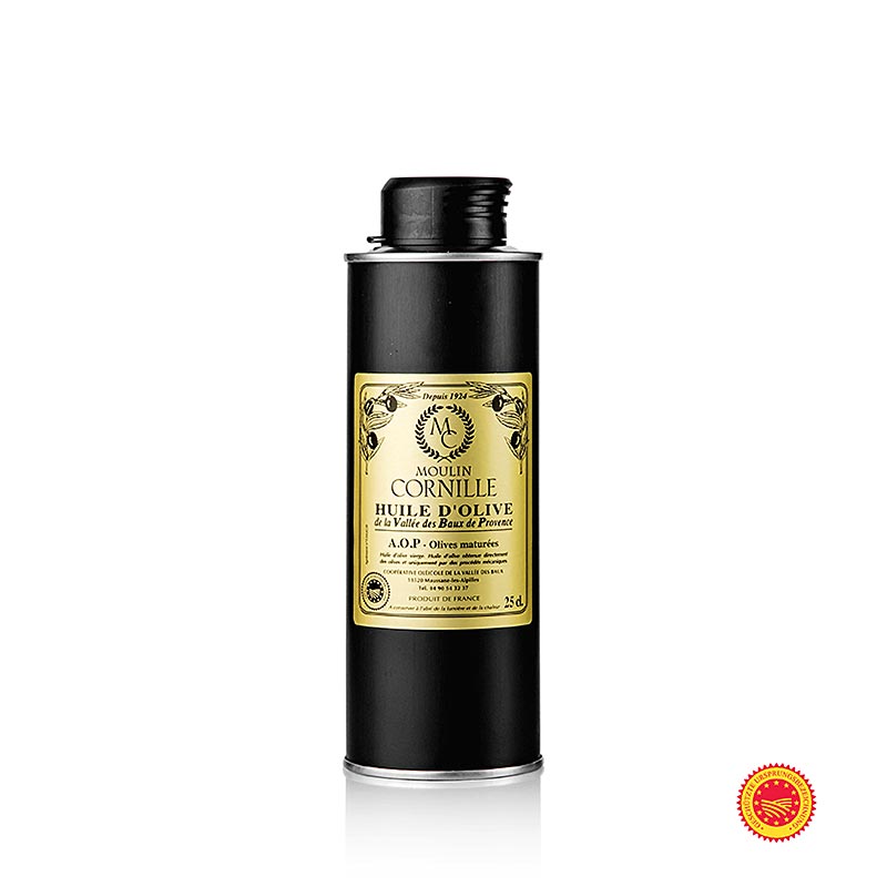 Olio d'oliva extravergine, Fruité Noir, dal sapore delicato e leggermente dolce, Baux de Provence, DOP, Cornille, 250 ml
