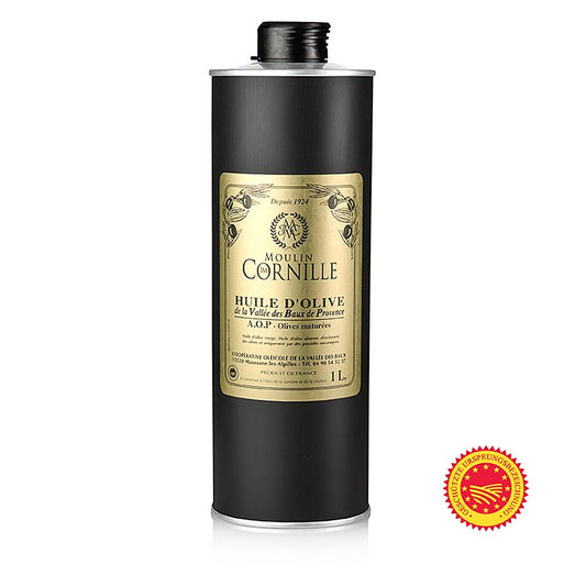 Olio d'oliva extravergine, Fruité Noir, dal sapore delicato e leggermente dolce, Baux de Provence, DOP, Cornille, 1 l