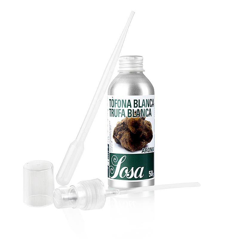 Aroma weißer Trüffel, flüssig, wasserlöslich, 50 g - hochwertiges Produkt der Firma Sosa aus Spanien, intensives Aroma, geeignet für Patisserie, Dosierung von 2g pro Kilo Masse, wird mit Pipette und Sprühvorrichtung geliefert