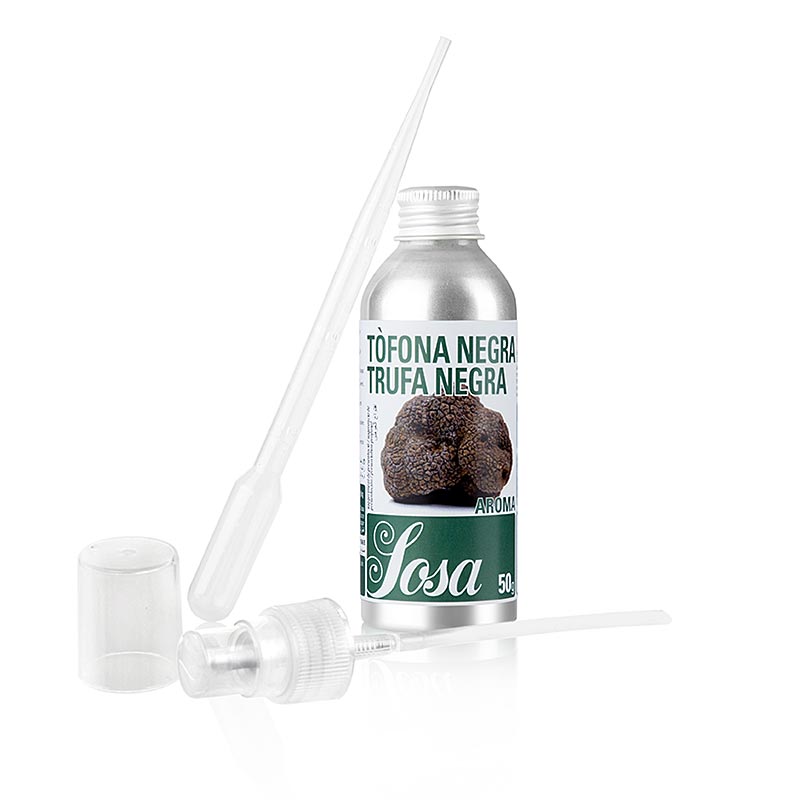 Aroma schwarzer Trüffel, flüssig, wasserlöslich, 50 g von Sosa, intensives Aroma für Patisserie, Nussmarks, gefriergetrocknete Früchte, Fruchtpulver, Aromaessenzöle, pulverisierte Milchprodukte, Grundmassen für Eis- und Sorbets, Texturgeber für Molekularküche, 2g / Kilo Masse, mit Pipette und Sprühvorrichtung