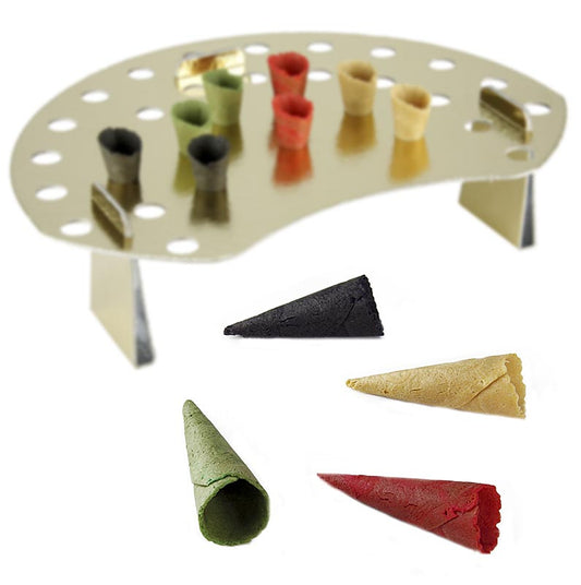 Mini-Hörnchen Basic, neutral, rot, grün, schwarz, ø 2,5x7,5cm, mit Waffelhalter, 1,1 kg, 260 St - Waffelhörnchen aus Hartkarton/Goldfolie, perfekt für Fingerfood-Kreationen