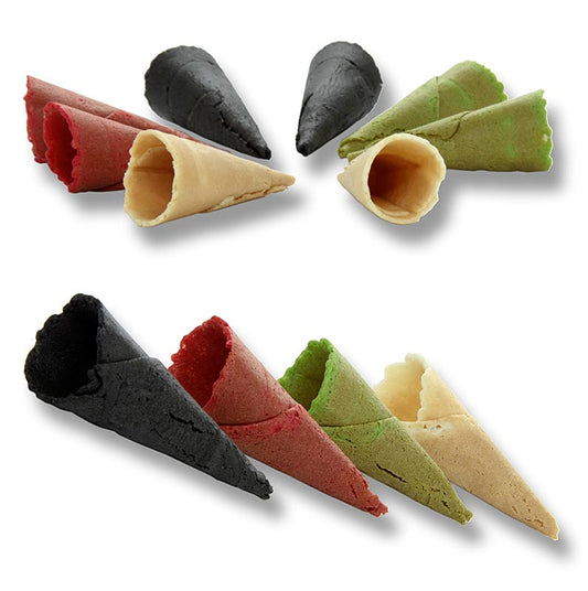 Eine Auswahl von handwerklichen Mini-Croissants in neutralen und festlichen Farben: rot, grün und schwarz, mit einem Durchmesser von 2,5 cm und einer Länge von 7,5 cm Insgesamt 96 Stück mit einem Gesamtgewicht von 385 Gramm Ideal zum Auftauen, Aufwärmen und Servieren für knusprigen Genuss Geeignet für Catering, Veranstaltungen und das Gastgewerbe oder einfach für zu Hause