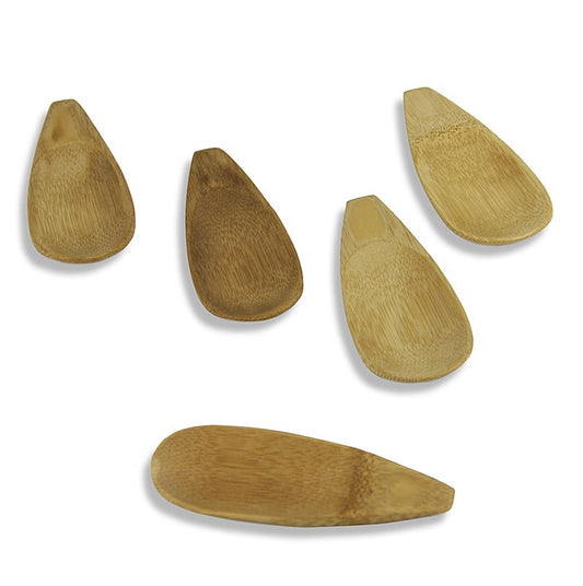 Mehrweg Bambusschalenlöffel, flach und massiv, löffelförmig, 10x3,8cm, 25 St - Dekorative massive Bambusschale, spülmaschinengeeignet, ideal als Servierteller für Fingerfood