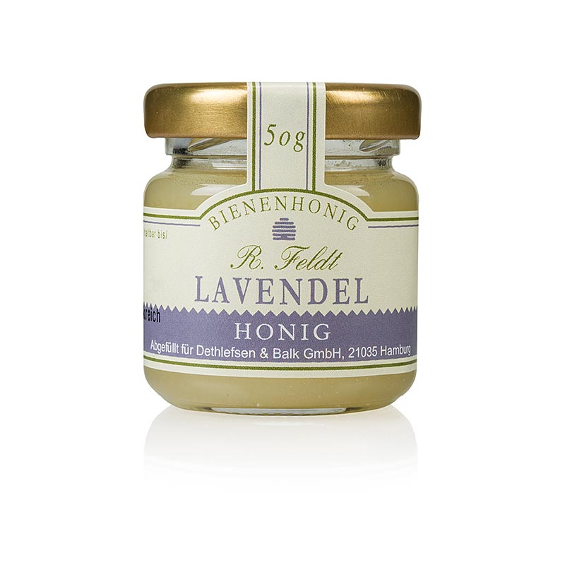 Lavendel-Honig, Frankreich, weiß, cremig, vollblumig, Portionsglas, 50 g - Violett blühende Lavendelsträucher, mediterraner Sonnenschein, fester Konsistenz, vollblumiges Aroma, Provence, Bienenvolk, Fermentation, Nektar, Lavendelhonig