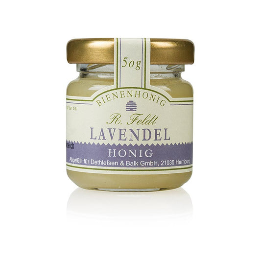 Lavendel-Honig, Frankreich, weiß, cremig, vollblumig, Portionsglas, 50 g - Violett blühende Lavendelsträucher, mediterraner Sonnenschein, fester Konsistenz, vollblumiges Aroma, Provence, Bienenvolk, Fermentation, Nektar, Lavendelhonig