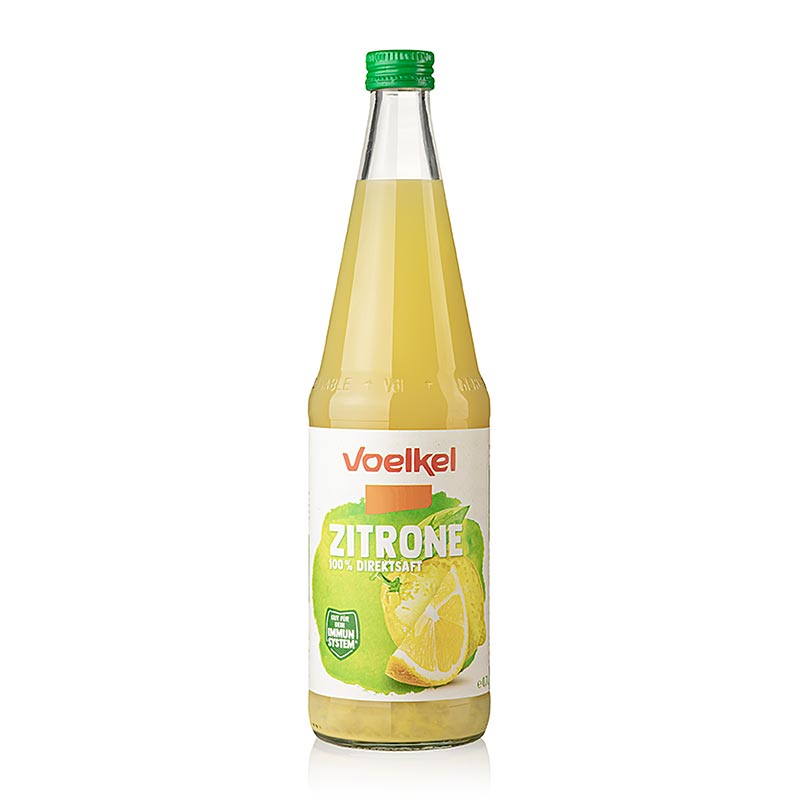 700 ml Flasche mit ungezuckertem Bio-Zitronensaft von Voelkel, 100% Direktsaft