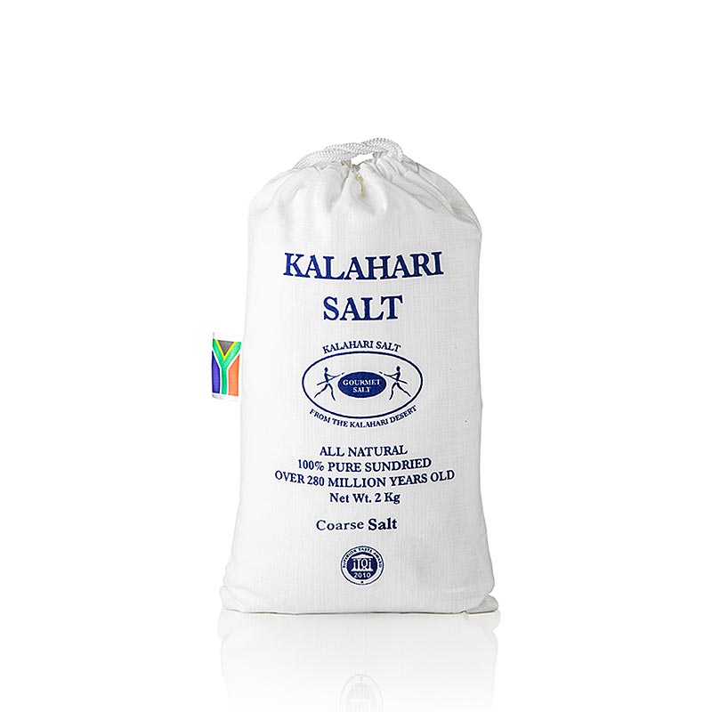 Feines und naturbelassenes Gourmetsalz aus der Kalahari-Wüste, gewonnen aus einem 280 Millionen Jahre alten unterirdischen Salzvorkommen, ohne Rieselhilfen und Zusätze, in grober Körnung für die Salzmühle oder fein zum Würzen