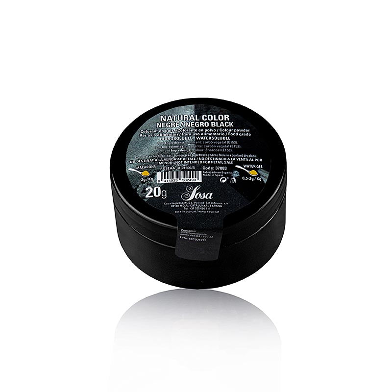 Schwarzes, wasserlösliches Sosa Lebensmittelfarbe Puder, 20 g Dosierungsempfehlung: 0,5-2 g pro KG - Premium-Zutaten für Gastronomie und Konditorei von Sosa Ingredients SL, einem führenden Hersteller in Spanien, der handgemachte Kekse, traditionelle katalanische Weihnachtsartikel, Speiseeiszutaten, Nüsse, lyophilisierte Früchte, Texturierer, natürliche Pflanzenextrakte und Aromen produziert und in über 80 Länder exportiert