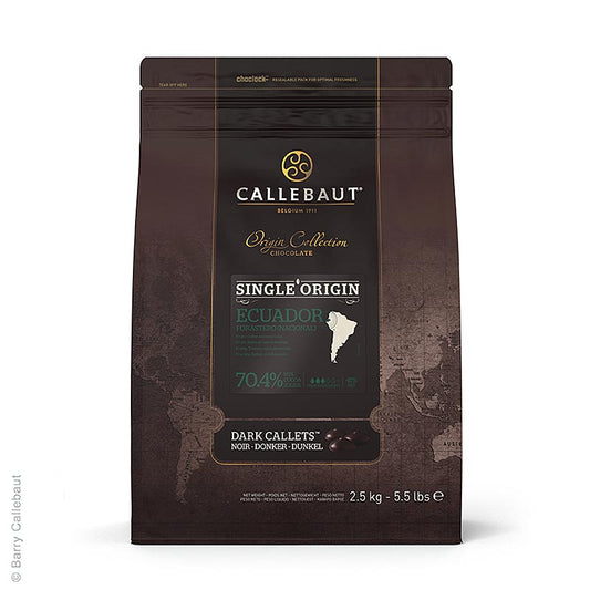 Dunkle Couverture Callets aus Ecuador mit 70,4% Kakao, perfekt zum Dekorieren und Aromatisieren von Pralinen