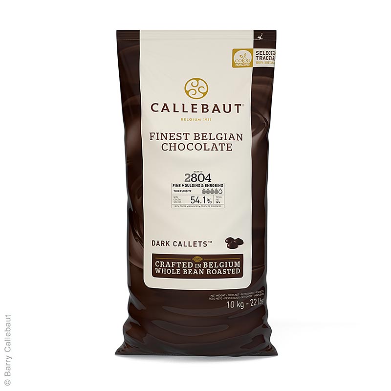 Dünnfließende Zartbitterschokoladen-Callets mit 54% Kakao, ideal zum Überziehen und Dekorieren von Desserts und Pralinen Hergestellt aus Zucker, Kakaobutter, Kakaomasse, Sojalecithin und Bourbon Vanille