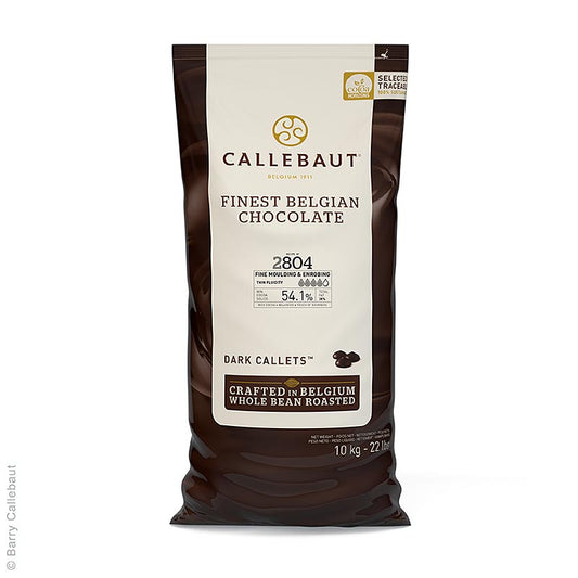 Dünnfließende Zartbitterschokoladen-Callets mit 54% Kakao, ideal zum Überziehen und Dekorieren von Desserts und Pralinen Hergestellt aus Zucker, Kakaobutter, Kakaomasse, Sojalecithin und Bourbon Vanille
