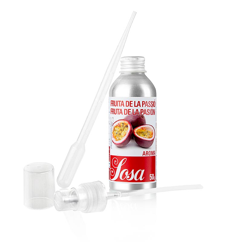 Aroma Passionsfrucht, flüssig, 50 g - Hochwertiges Aroma von Sosa aus Spanien für die Patisserie, intensiv und ergiebig, mit Pipette und Sprühvorrichtung geliefert