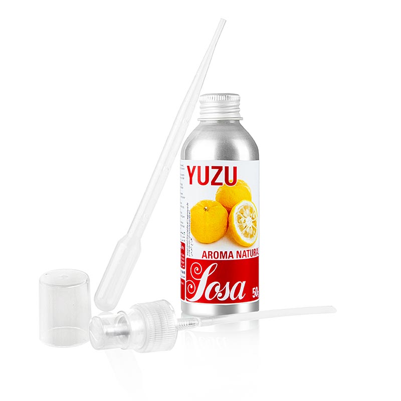 Aroma Natural Yuzu, flüssig, 50 g - Hochwertiges Aromaöl von Sosa aus Spanien für die Patisserie, mit intensivem Geschmack und Dosierung von 0,2g pro Kilo Masse, inklusive Pipette und Sprühvorrichtung
