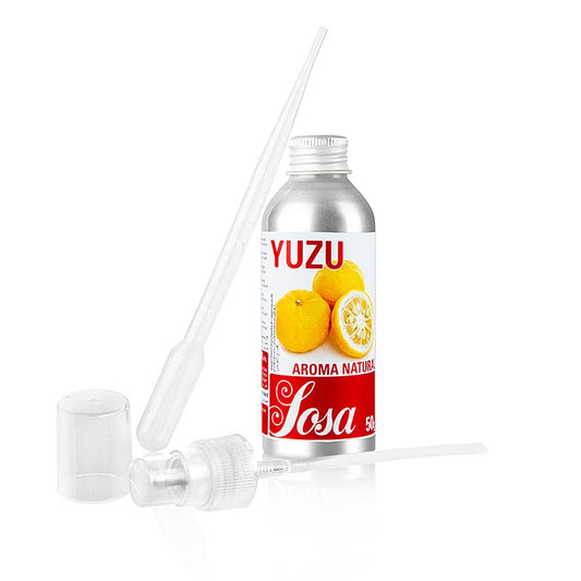Aroma Natural Yuzu, flüssig, 50 g - Hochwertiges Aromaöl von Sosa aus Spanien für die Patisserie, mit intensivem Geschmack und Dosierung von 0,2g pro Kilo Masse, inklusive Pipette und Sprühvorrichtung