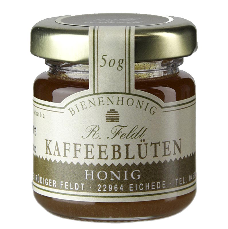 German: Kaffeeblüten-Honig aus Mexiko, dunkel und cremig, mild-feinaromatisch, verpackt in einem Portionsglas, 50 g