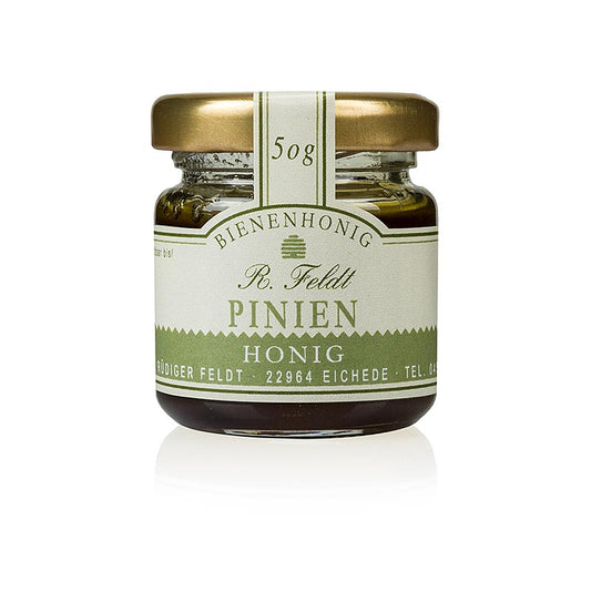 Apiculture Feldt -Miel, foncé, miel de forêt de pin au goût doux et légèrement épicé, pot individuel, 50 g
