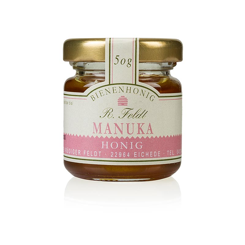 Manuka-Honig (Teebaum) aus Neuseeland, dunkle flüssige Portionsglas, 50 g, bekannt für kräftigen Geschmack und hohe antibiotische Wirkung Geerntet in entlegenen neuseeländischen Regenwaldregionen