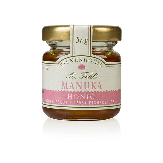 Manuka-Honig (Teebaum) aus Neuseeland, dunkle flüssige Portionsglas, 50 g, bekannt für kräftigen Geschmack und hohe antibiotische Wirkung Geerntet in entlegenen neuseeländischen Regenwaldregionen