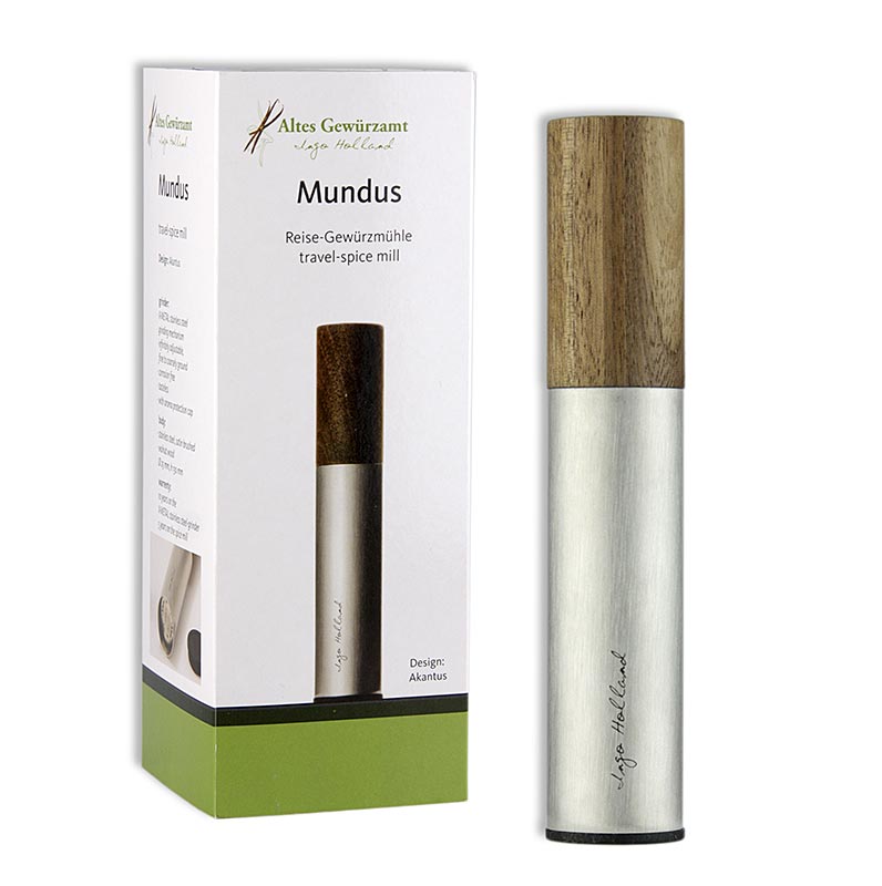 As part of the Ingo Holland Edition, the Mundus Taschenmühle-Salz & Pfeffer is a stylish and durable stainless steel and walnut grinder for salt and pepper (English)