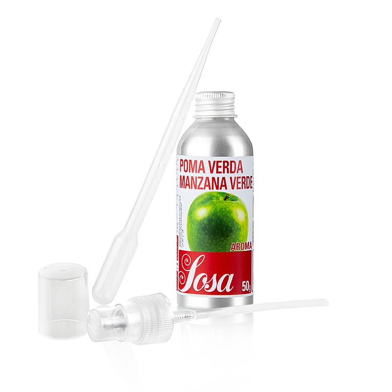 Flüssiges, intensives Aroma grüner Apfel von Sosa, ideal für die Patisserie Enthält 50g und wird mit Pipette und Sprühvorrichtung geliefert