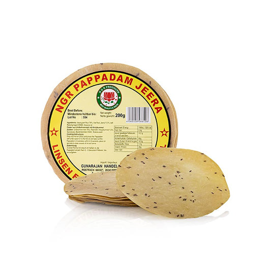 Pappadums, conditi con cumino, ø 15 cm circa, 200 g, 15 pz.