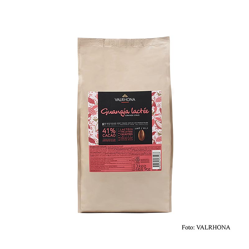 Valrhona Guanaja Lactée Grand Cru, Vollmilch Couverture, Callets, 41% Kakao, 3 kg - Stark kakaohaltige, schwach gesüßte Milchschokolade ideal für Konditorwaren und Füllungen, als Überzug und für die Eisherstellung