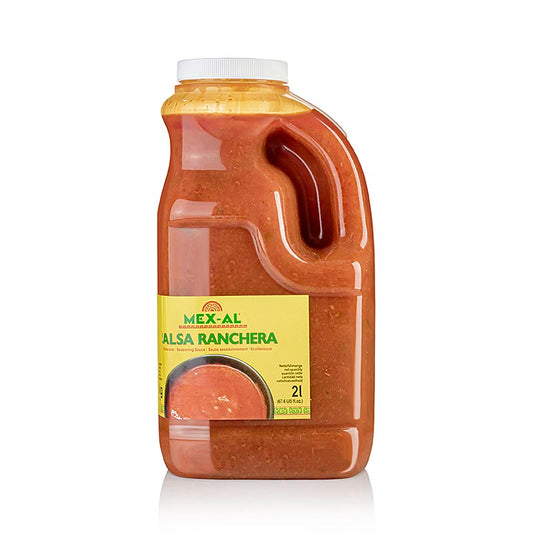 Rote Würzsauce Salsa Ranchera Roja, hergestellt aus Tomaten und dunklen Chilis, perfekt zum Verfeinern von Tacos, Burritos und Fleischgerichten, sowie als köstlicher Dip geeignet