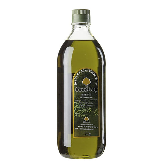 Natives Olivenöl Extra, Aceites Guadalentin Guad Lay, 100% Picual, 1 l - Intensiv gold-grünes Olivenöl aus der Picual-Olive, das an Gras, Thymian, Minze und Fenchel erinnert, mit süßlichen, grasig-würzigen und fruchtigen Noten Hergestellt in der andalusischen Provinz Jaen, der größten Olivenanbauregion der Welt, durch temperatur-kontrollierte Kaltpressung und Qualitätstests