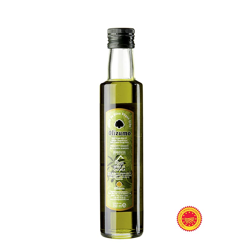 Flasche natives Olivenöl Extra, Aceites Guadalentin Olizumo DOP/gU, 100% Picual, 250 ml, intensiv gold-grünes Öl aus Picual-Oliven mit Noten von Gras, Thymian, Minze und Fenchel, süßlich am Gaumen mit grasig-würzigen und fruchtigen Geschmacksnoten, kaltgepresst und temperaturkontrolliert im November bei Aceites Guadalentin hergestellt