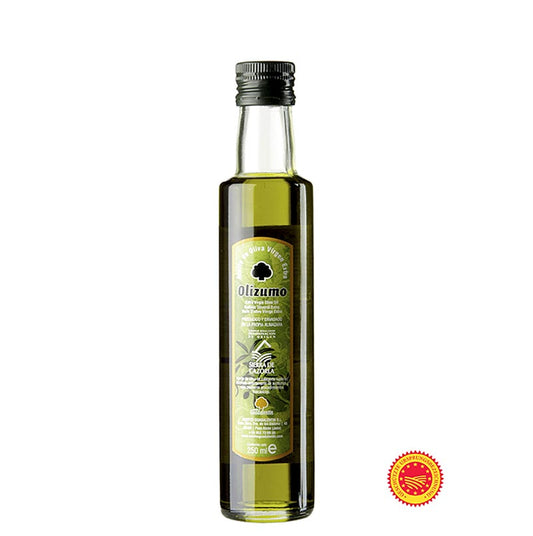Flasche natives Olivenöl Extra, Aceites Guadalentin Olizumo DOP/gU, 100% Picual, 250 ml, intensiv gold-grünes Öl aus Picual-Oliven mit Noten von Gras, Thymian, Minze und Fenchel, süßlich am Gaumen mit grasig-würzigen und fruchtigen Geschmacksnoten, kaltgepresst und temperaturkontrolliert im November bei Aceites Guadalentin hergestellt