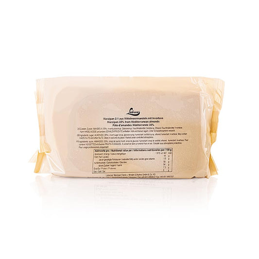 Roh-Marzipan, 2:1, angewirkt, Lubeca, 1 kg - Feine Marzipanrohmasse aus aromatischen Mittelmeer-Mandeln, modellierfähig, mit Invertase angereichert, für unverwechselbaren Geschmack und faserige Struktur durch Abrollen in Granitwalzen und Rösten in Kupferkesseln für typisches Röstaroma und Mandelaroma