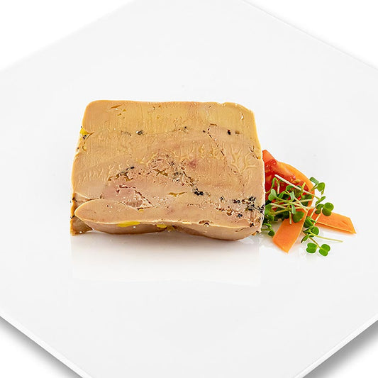 Entenstopfleber - Entier, mit Champagner, Sarawak & Maniguette Pfeffer, Rougié, 500 g: Eine besondere Spezialität von Rougié, in echtem Champagner gereift und mit Sarawak und Maniguette Pfeffer abgeschmeckt, handwerkliche Form und gute Schnittfestigkeit
