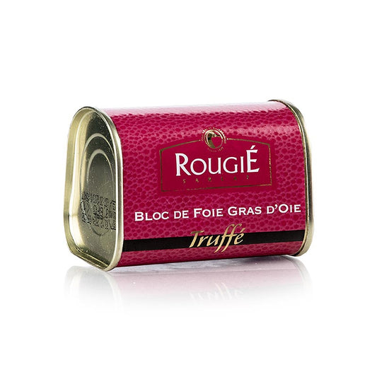 Gänsestopfleberblock, 3% Trüffel, Foie Gras, Trapez, Rougié, 145 g - Delikate Stopfleberfarce mit Wintertrüffelkern, in traditioneller Trapezform, einfach zu servieren und vielseitig kombinierbar, in verschiedenen Größen erhältlich, Vollkonserve