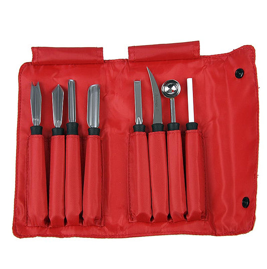 Schnitzmesserset Professional 8-tlg, Edelstahl, Triangel, Set - Profi-Schnitzmesser-Set aus Edelstahl mit Kunststoffgriffen, 6 Messer in verschiedenen Formen und Größen, 1 Kugelformer, 1 Keramik-Wetzstein