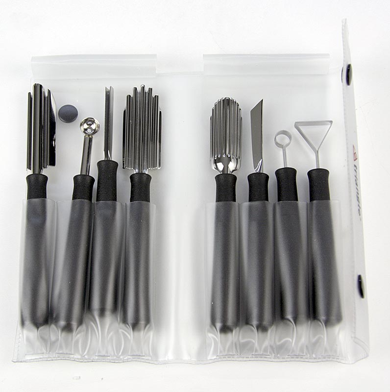 Schnitzmesserset Special: Schnitz- und Kerbmesser, Kugelformer, Edelstahl, 8 tlg - Set aus 8 Teilen mit Edelstahlklingen und Kunststoffgriffen, inklusive 5 Schnitzmessern, 2 Kerbmessern und 1 Kugelformer von Triangle Tools, alle mit dem Prädikat Made in Solingen versehen Ideal für Profiköche und anspruchsvolle Haushalte weltweit