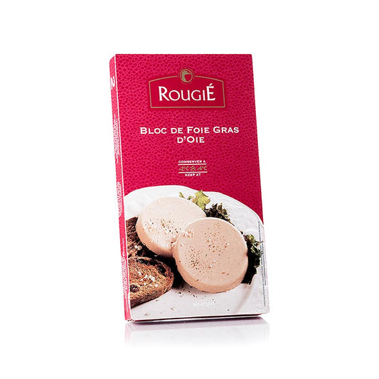 Zwei Scheiben Gänsestopfleberblock à ca 40g von Rougié, insgesamt 80g, ideal zum Genießen pur auf warmem Toast oder frischem Landbrot, vor Verzehr für etwa 15 Minuten bei Zimmertemperatur aufbewahren