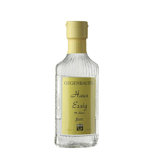 Flasche mit Haus-Essig, pur, wasserklar, 5% Säure, 250 ml, hergestellt durch die alte Methode der Essigherstellung in der Wiener Essigbrauerei, geeignet zum Marinieren, Würzen, Verfeinern und für Salatdressings