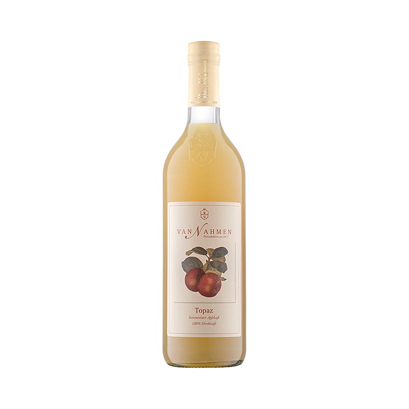 100% Direktsaft aus Sortenreinem Topaz Apfelsaft, von Bio-Höfen und Bioland-Betrieben Würziges Säurespiel und kräftiges Aroma, ohne Zusatzstoffe Herstellung in der Mosterei van Nahmen mit traditioneller Obstverarbeitung