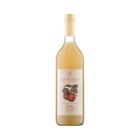 100% Direktsaft aus Sortenreinem Topaz Apfelsaft, von Bio-Höfen und Bioland-Betrieben Würziges Säurespiel und kräftiges Aroma, ohne Zusatzstoffe Herstellung in der Mosterei van Nahmen mit traditioneller Obstverarbeitung